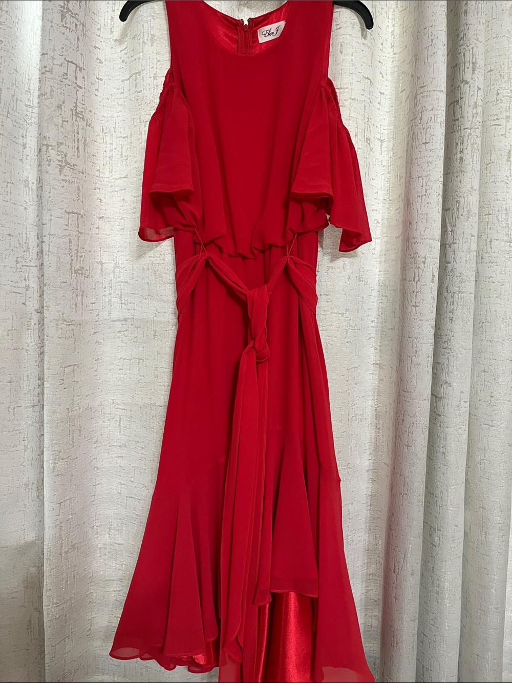 Women's watermelon Red Cold-Shoulder High-Low Dress with Waist Tie